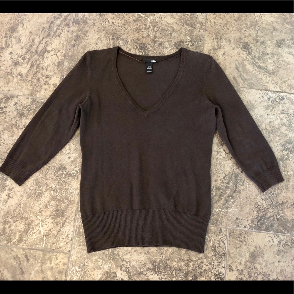 H&M CHOCOLATE BROWN 3/4 SLEEVE V NECK SWEATER